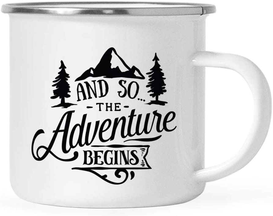 Andaz Press 11oz. Stainless Steel Camping Coffee Mug Gift, And So the Adventure Begins, 1-Pack, Birthday Christmas Outdoors Wedding Metal Enamel Campfire Cup